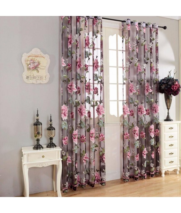 Flower Transparent Tulle Curtains Window...